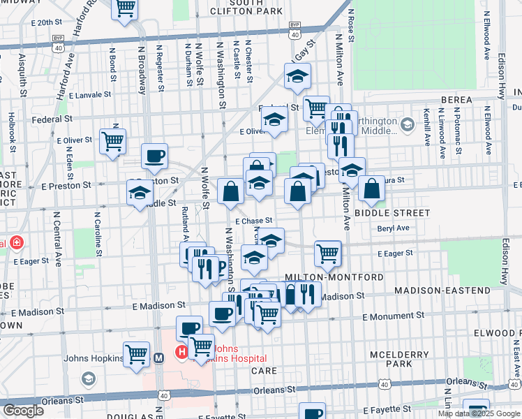 map of restaurants, bars, coffee shops, grocery stores, and more near 2101 East Biddle Street in Baltimore
