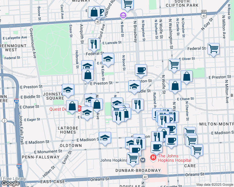 map of restaurants, bars, coffee shops, grocery stores, and more near 1129 North Caroline Street in Baltimore