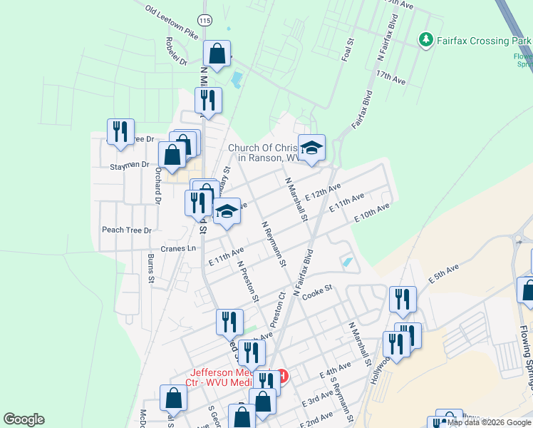 map of restaurants, bars, coffee shops, grocery stores, and more near 315 East 12th Avenue in Ranson