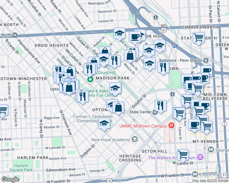 map of restaurants, bars, coffee shops, grocery stores, and more near 1408 Madison Avenue in Baltimore