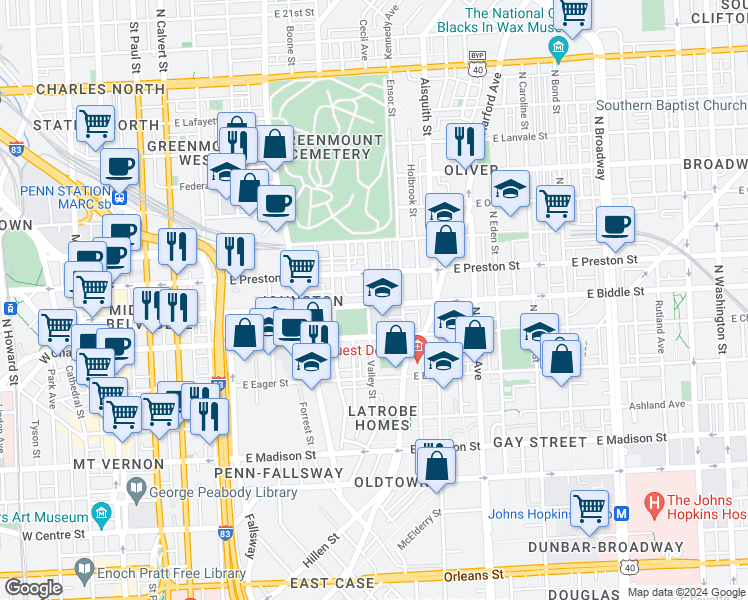 map of restaurants, bars, coffee shops, grocery stores, and more near 906 East Biddle Street in Baltimore