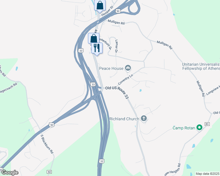 map of restaurants, bars, coffee shops, grocery stores, and more near 540 Richland Avenue in Athens