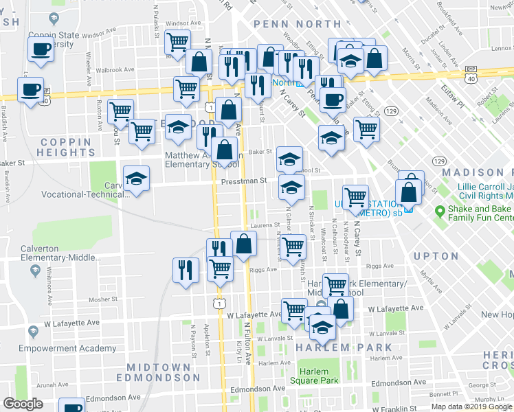 map of restaurants, bars, coffee shops, grocery stores, and more near 1703 Lorman Street in Baltimore