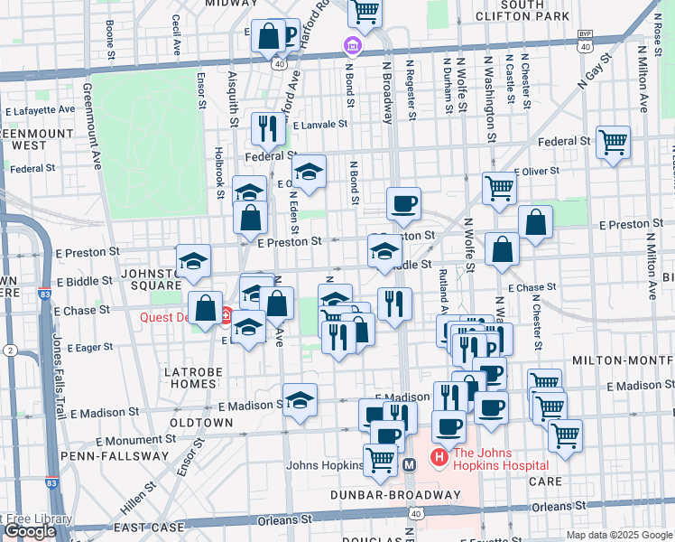 map of restaurants, bars, coffee shops, grocery stores, and more near 1129 North Caroline Street in Baltimore