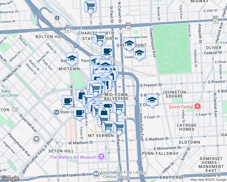 map of restaurants, bars, coffee shops, grocery stores, and more near 1218 St Paul St in Baltimore