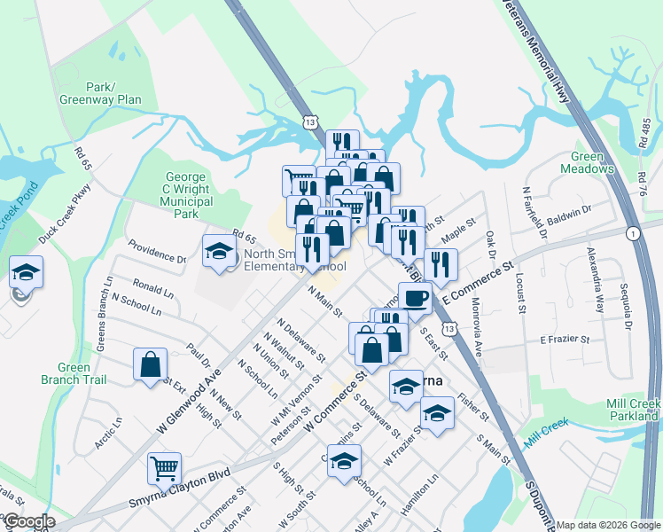 map of restaurants, bars, coffee shops, grocery stores, and more near 41 East Glenwood Avenue in Smyrna