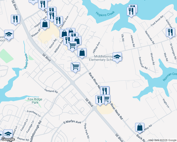map of restaurants, bars, coffee shops, grocery stores, and more near 334 Back River Neck Road in Essex