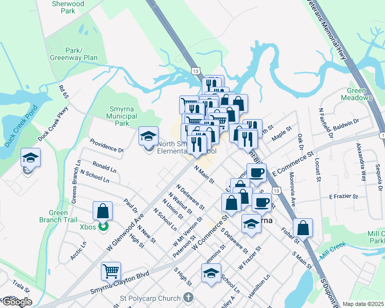 map of restaurants, bars, coffee shops, grocery stores, and more near 310 North Main Street in Smyrna