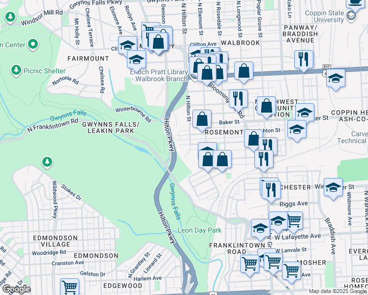 map of restaurants, bars, coffee shops, grocery stores, and more near 3315 Presstman Street in Baltimore