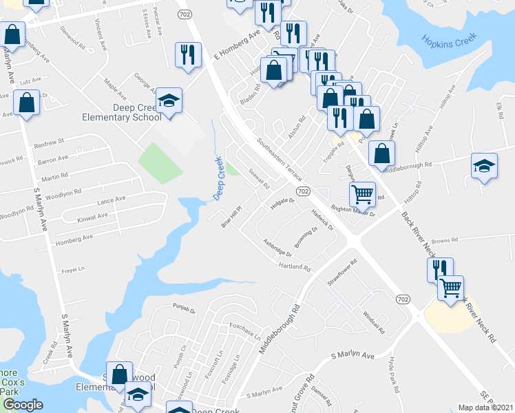 map of restaurants, bars, coffee shops, grocery stores, and more near 744 Mansfield Road in Essex