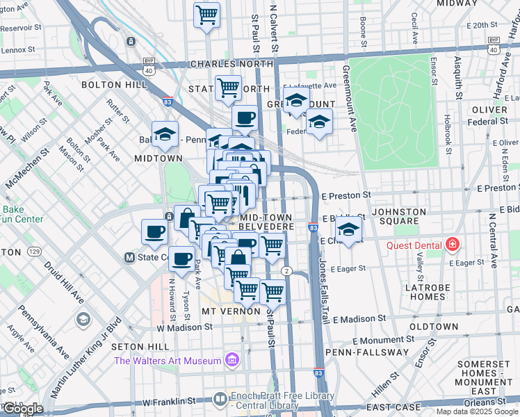 map of restaurants, bars, coffee shops, grocery stores, and more near 1220 St Paul St in Baltimore