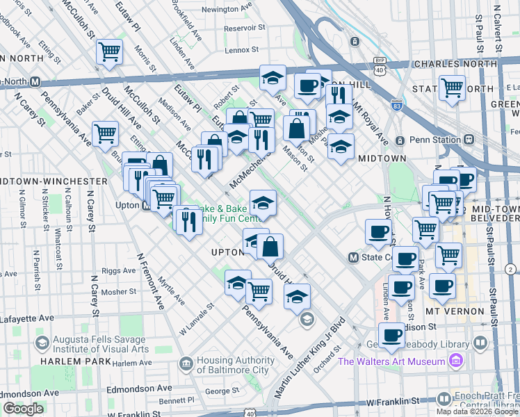 map of restaurants, bars, coffee shops, grocery stores, and more near 1410 Madison Avenue in Baltimore