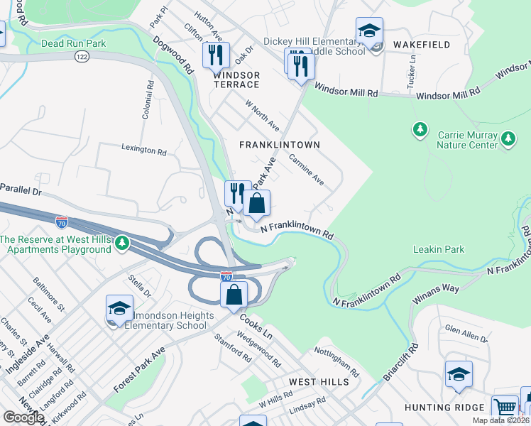 map of restaurants, bars, coffee shops, grocery stores, and more near 5126 Crescent Street in Baltimore