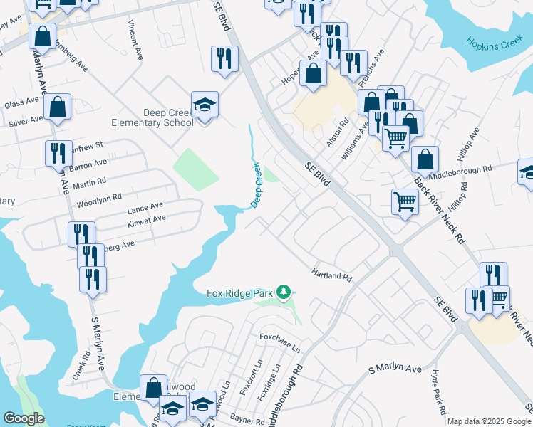 map of restaurants, bars, coffee shops, grocery stores, and more near 812 Briar Hill Place in Essex