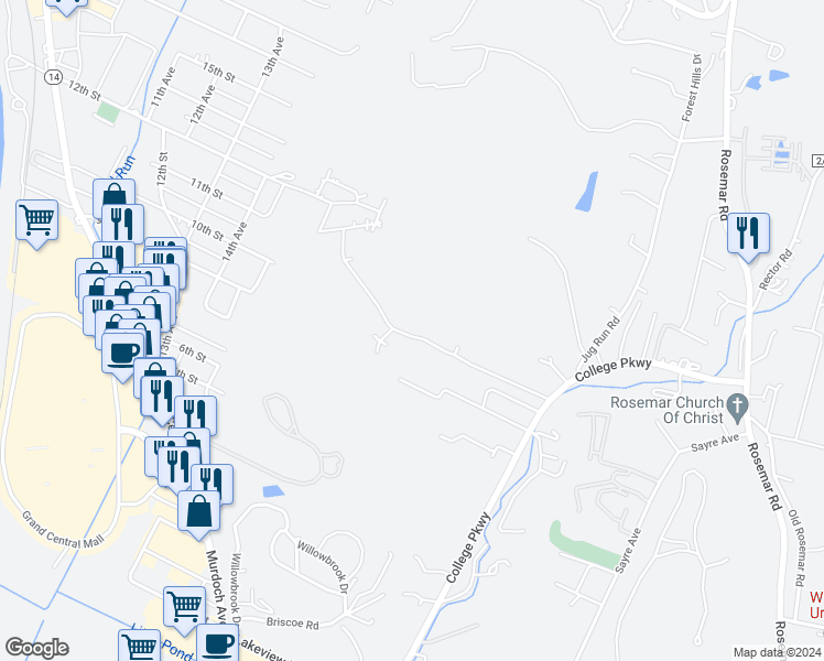 map of restaurants, bars, coffee shops, grocery stores, and more near 56 Wyndemere Way in Parkersburg