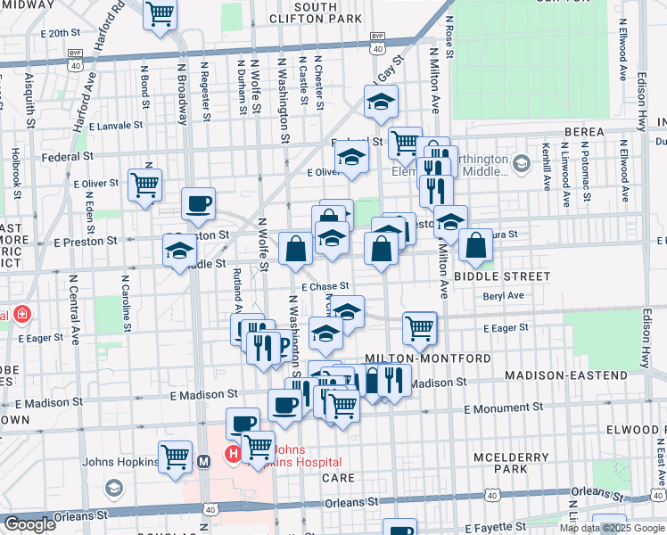 map of restaurants, bars, coffee shops, grocery stores, and more near 2101 East Biddle Street in Baltimore