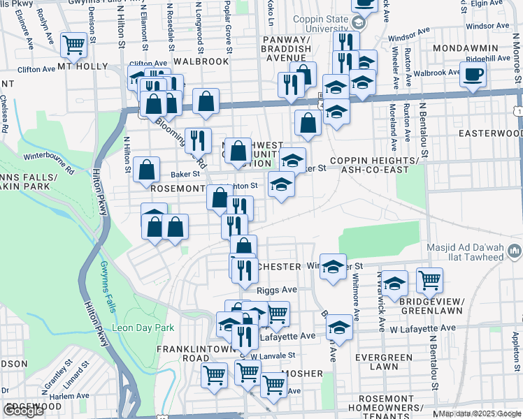 map of restaurants, bars, coffee shops, grocery stores, and more near 1422 North Dukeland Street in Baltimore