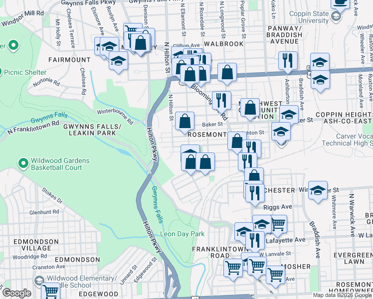 map of restaurants, bars, coffee shops, grocery stores, and more near 3203 Presstman Street in Baltimore