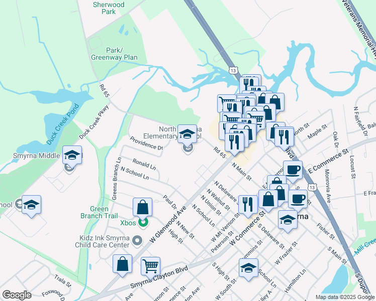 map of restaurants, bars, coffee shops, grocery stores, and more near 365 North Main Street in Smyrna