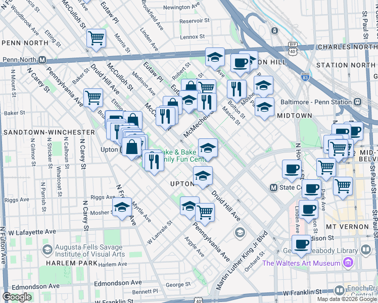 map of restaurants, bars, coffee shops, grocery stores, and more near 1504 McCulloh Street in Baltimore
