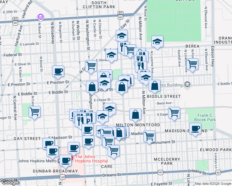 map of restaurants, bars, coffee shops, grocery stores, and more near 2208 Henneman Avenue in Baltimore