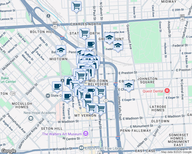 map of restaurants, bars, coffee shops, grocery stores, and more near 1222 St Paul St in Baltimore