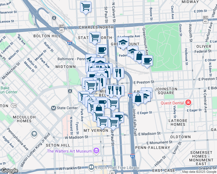 map of restaurants, bars, coffee shops, grocery stores, and more near 1222 Saint Paul Street in Baltimore