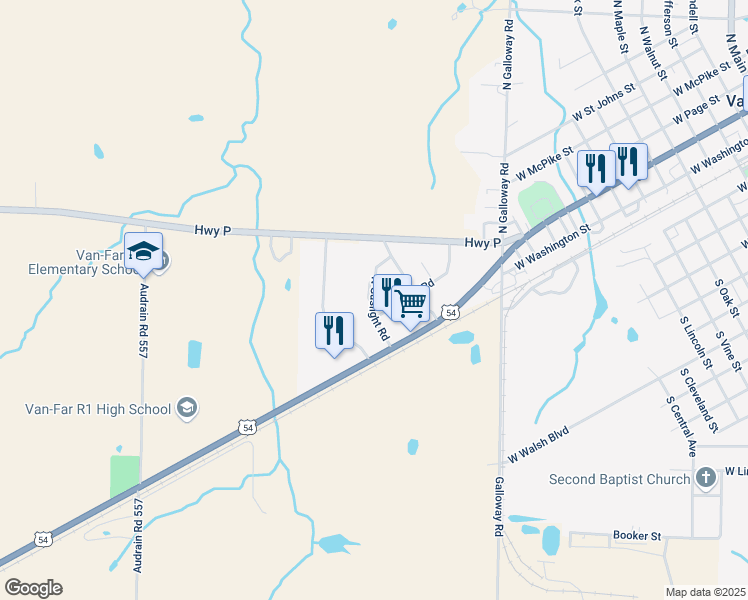 map of restaurants, bars, coffee shops, grocery stores, and more near 224 North Gaslight Road in Vandalia