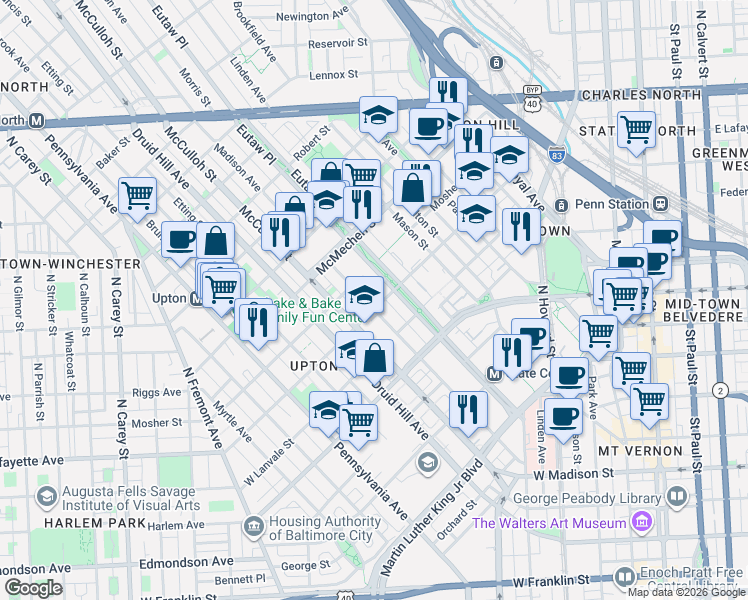 map of restaurants, bars, coffee shops, grocery stores, and more near 1403 Madison Avenue in Baltimore
