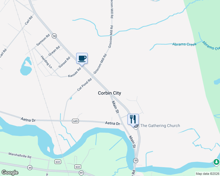 map of restaurants, bars, coffee shops, grocery stores, and more near 302 New Jersey 50 in Corbin City