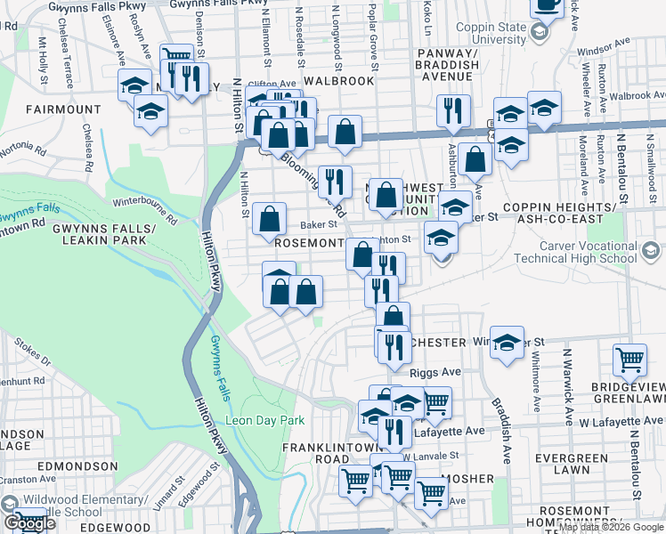 map of restaurants, bars, coffee shops, grocery stores, and more near 3015 Presstman Street in Baltimore