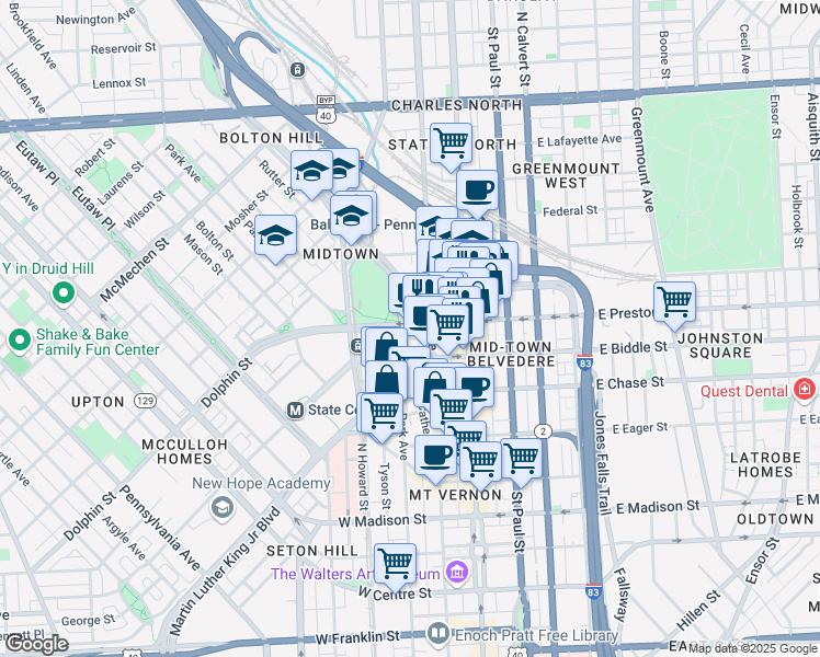 map of restaurants, bars, coffee shops, grocery stores, and more near 1311 Cathedral Street in Baltimore