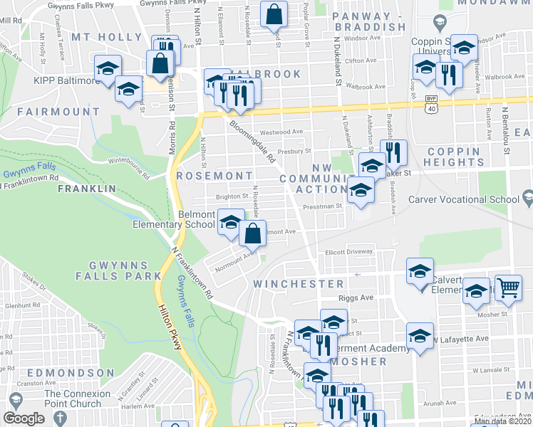 map of restaurants, bars, coffee shops, grocery stores, and more near 3029 Presstman Street in Baltimore