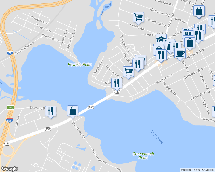 map of restaurants, bars, coffee shops, grocery stores, and more near 12 Riverside Road in Essex