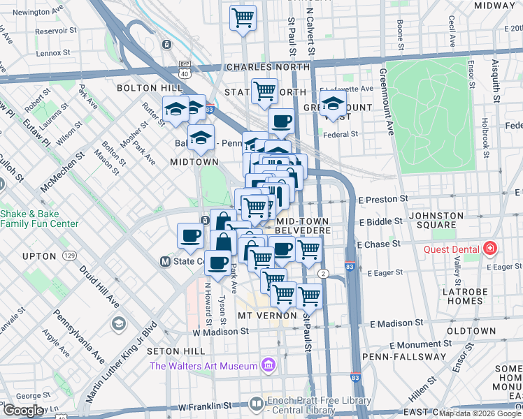 map of restaurants, bars, coffee shops, grocery stores, and more near 9 West Preston Street in Baltimore
