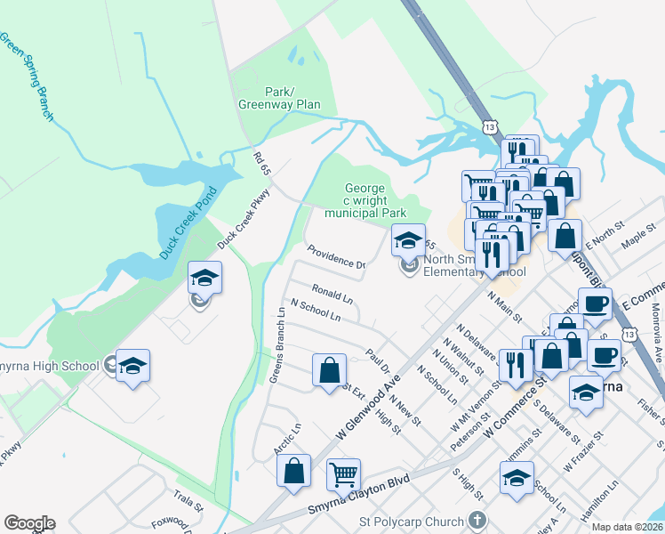 map of restaurants, bars, coffee shops, grocery stores, and more near 162 Greens Branch Lane in Smyrna