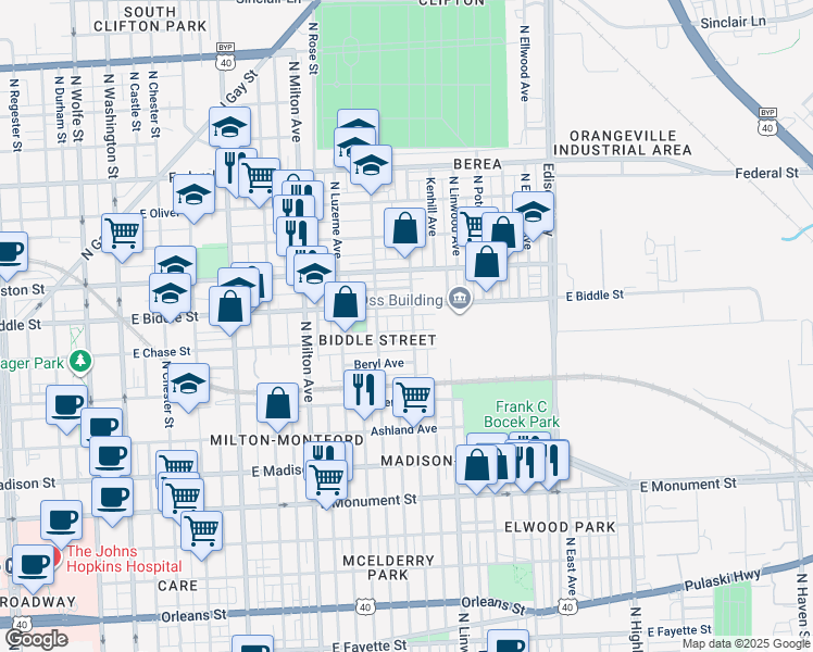 map of restaurants, bars, coffee shops, grocery stores, and more near 1106 North Kenwood Avenue in Baltimore