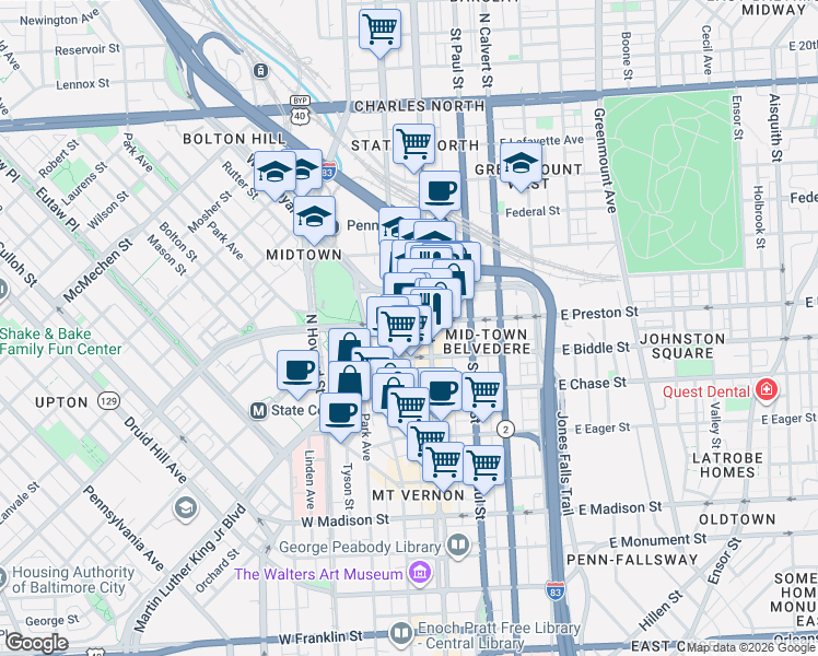 map of restaurants, bars, coffee shops, grocery stores, and more near 9 West Preston Street in Baltimore