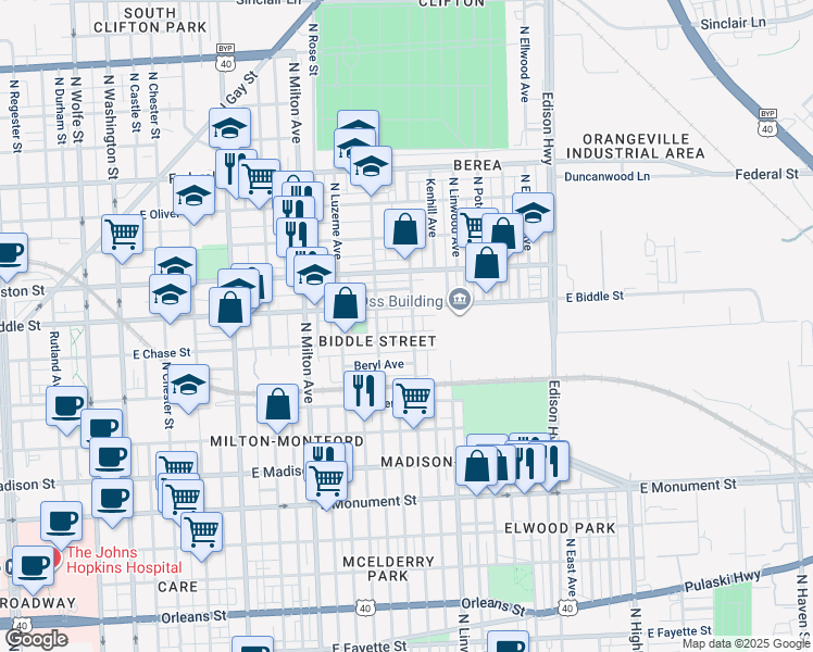 map of restaurants, bars, coffee shops, grocery stores, and more near 1106 North Kenwood Avenue in Baltimore
