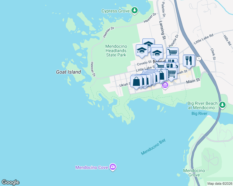 map of restaurants, bars, coffee shops, grocery stores, and more near 10431 Rundle Street in Mendocino