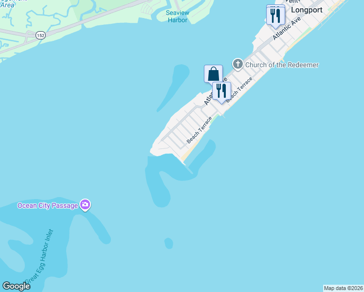 map of restaurants, bars, coffee shops, grocery stores, and more near 1205 Beach Terrace in Longport