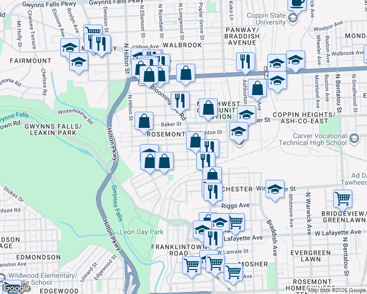 map of restaurants, bars, coffee shops, grocery stores, and more near 3003 Presstman Street in Baltimore