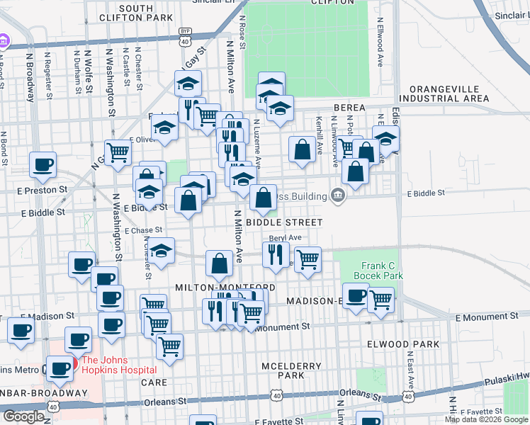 map of restaurants, bars, coffee shops, grocery stores, and more near 1113 North Luzerne Avenue in Baltimore