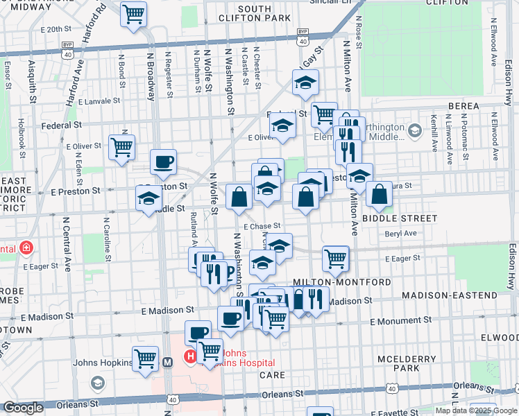 map of restaurants, bars, coffee shops, grocery stores, and more near 2039 East Biddle Street in Baltimore
