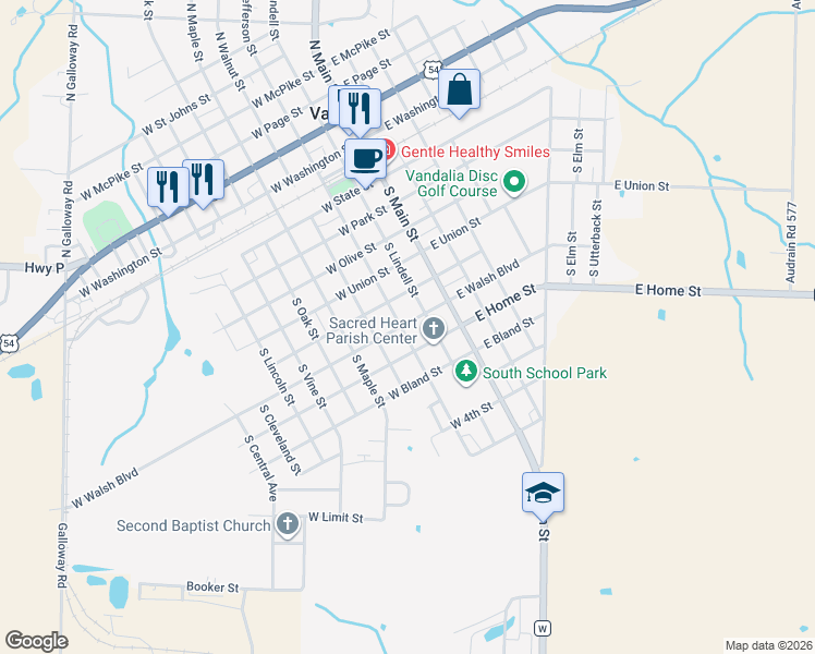 map of restaurants, bars, coffee shops, grocery stores, and more near 702 South Jefferson Street in Vandalia