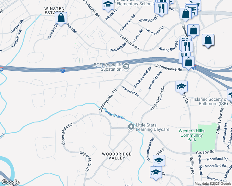 map of restaurants, bars, coffee shops, grocery stores, and more near 1 Randolph Springs Court in Catonsville