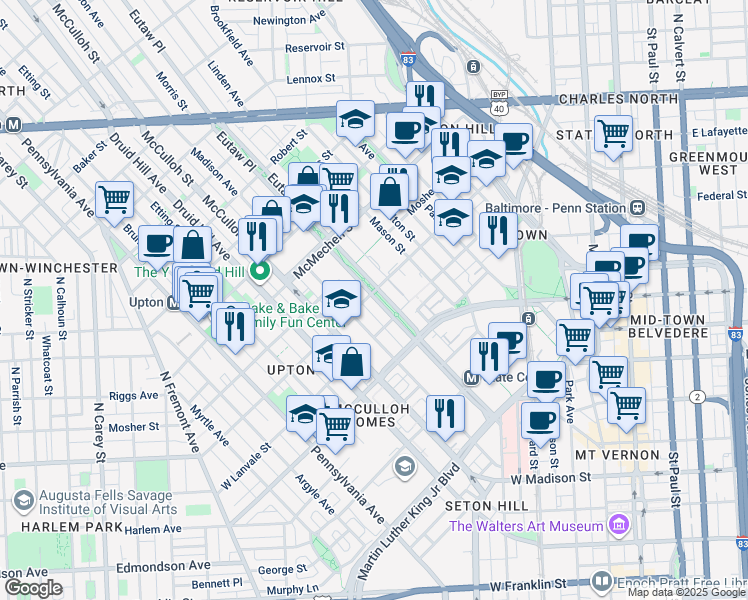 map of restaurants, bars, coffee shops, grocery stores, and more near 1322 Eutaw Place in Baltimore