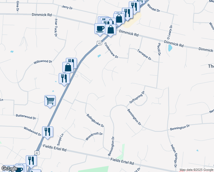 map of restaurants, bars, coffee shops, grocery stores, and more near 9876 Tall Timber Drive in Butler County