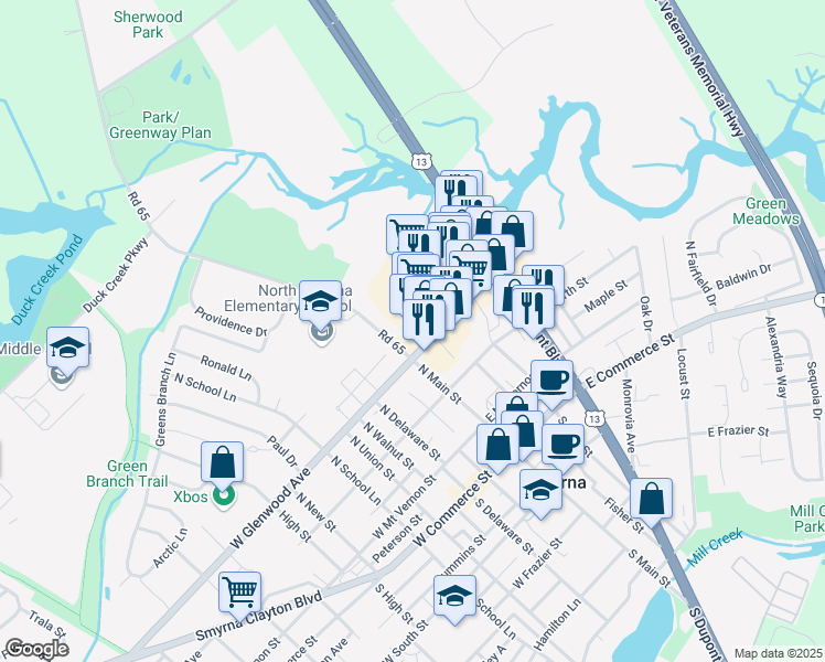 map of restaurants, bars, coffee shops, grocery stores, and more near 310 North Main Street in Smyrna