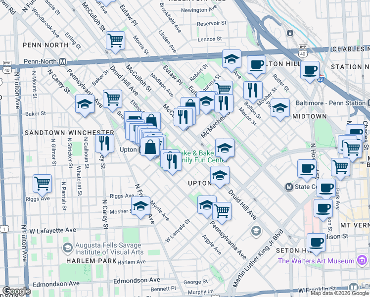 map of restaurants, bars, coffee shops, grocery stores, and more near 1606 Druid Hill Avenue in Baltimore